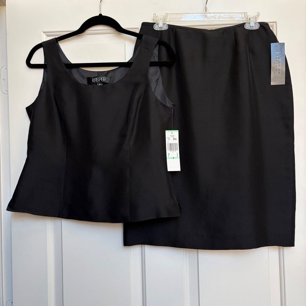 Kasper Black Silk Sleeveless Tank Top Pencil Skirt Set Size 8 New Career Office